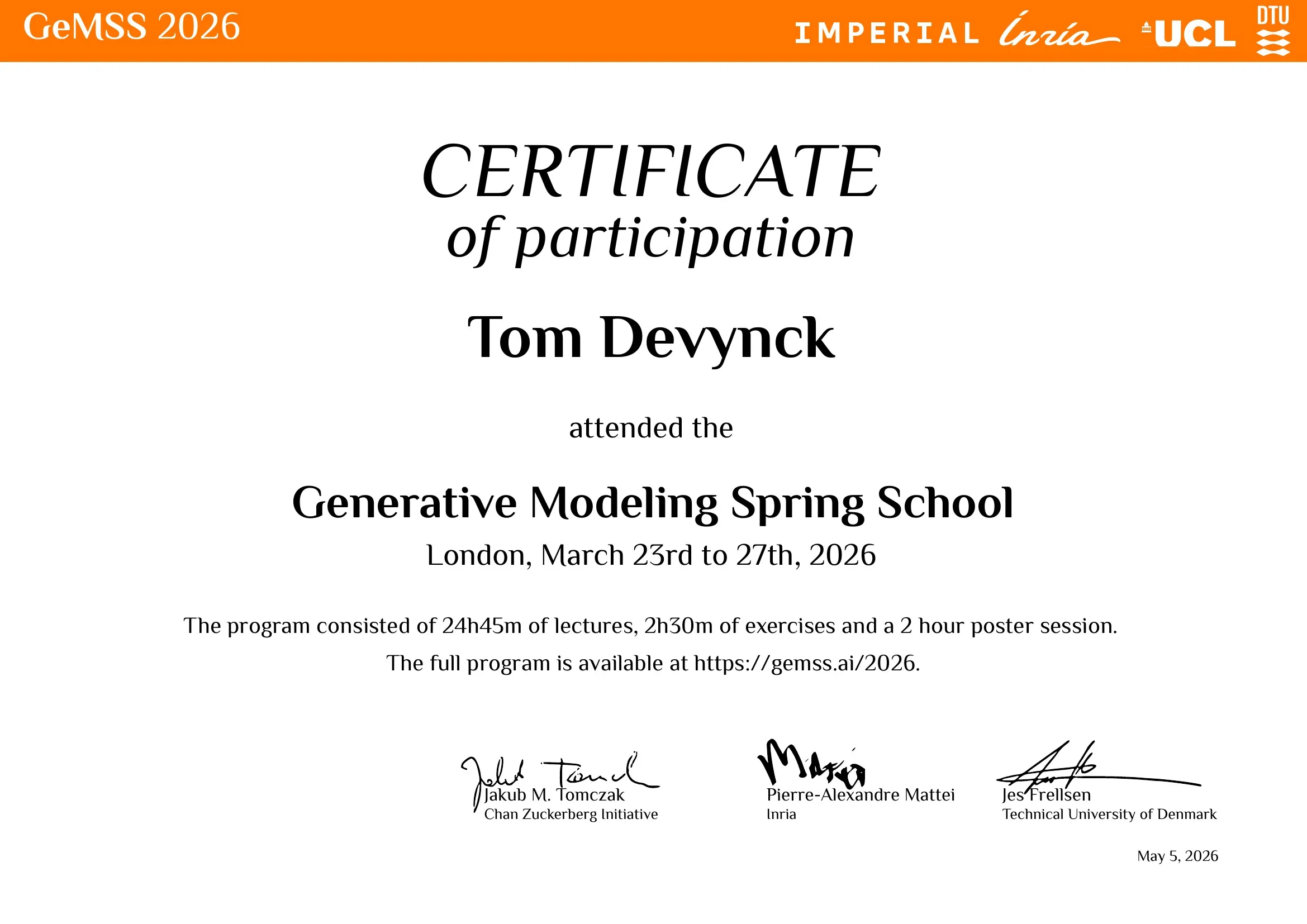 GeMSS 2026 certificate of participation for Tom Devynck